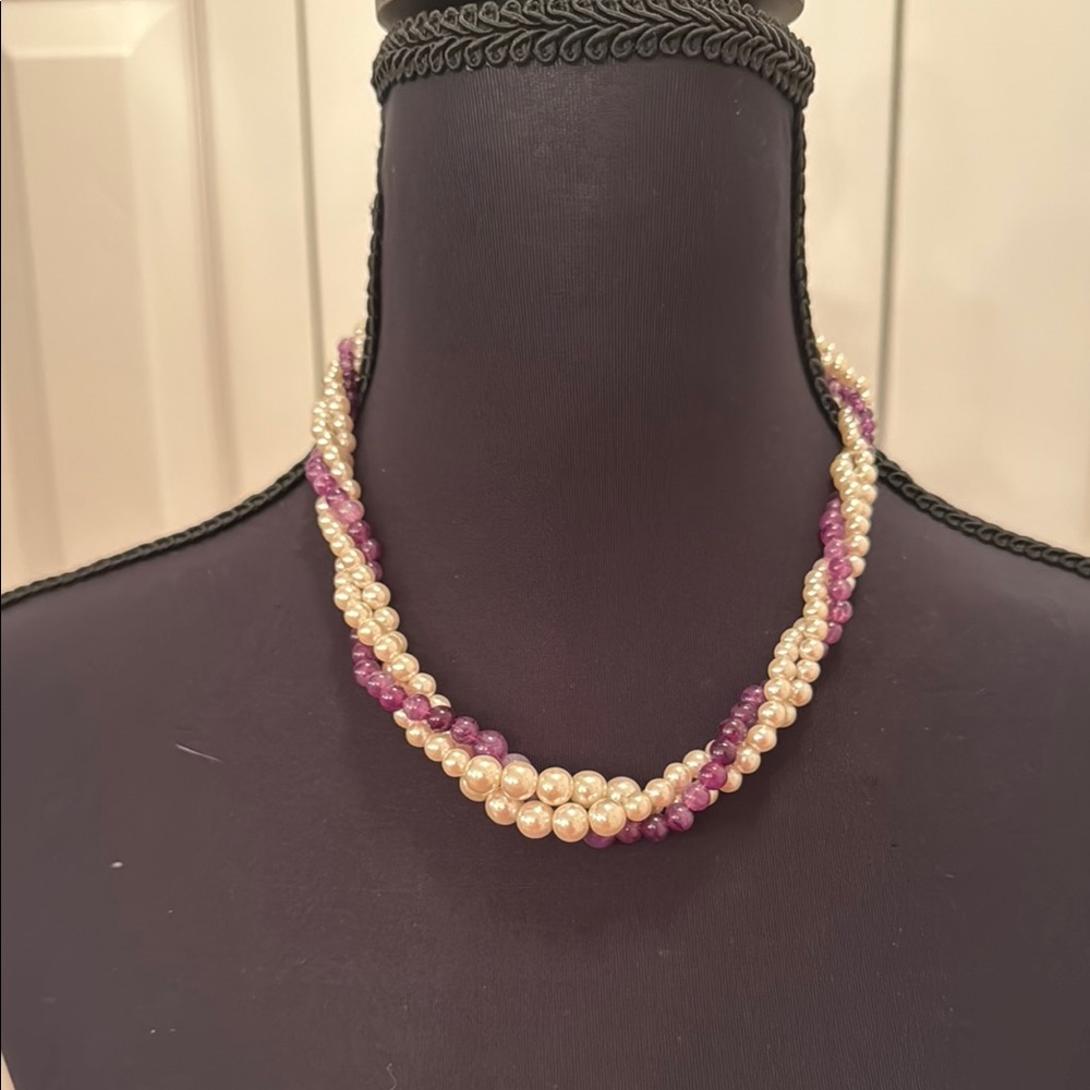 Purple and White Beaded Necklace Choker